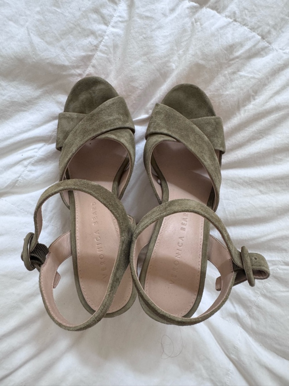 Veronica Beard Olive Suede Crisscross Ankle-Strap Heels